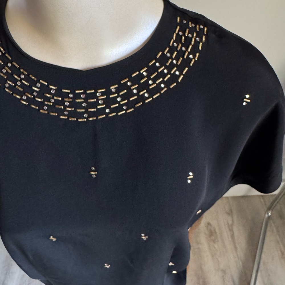Vintage 1940’s - 50’s Silky Black Bias Cut Short Sleeve Blouse w Rhinestones MED - Picture 3 of 10